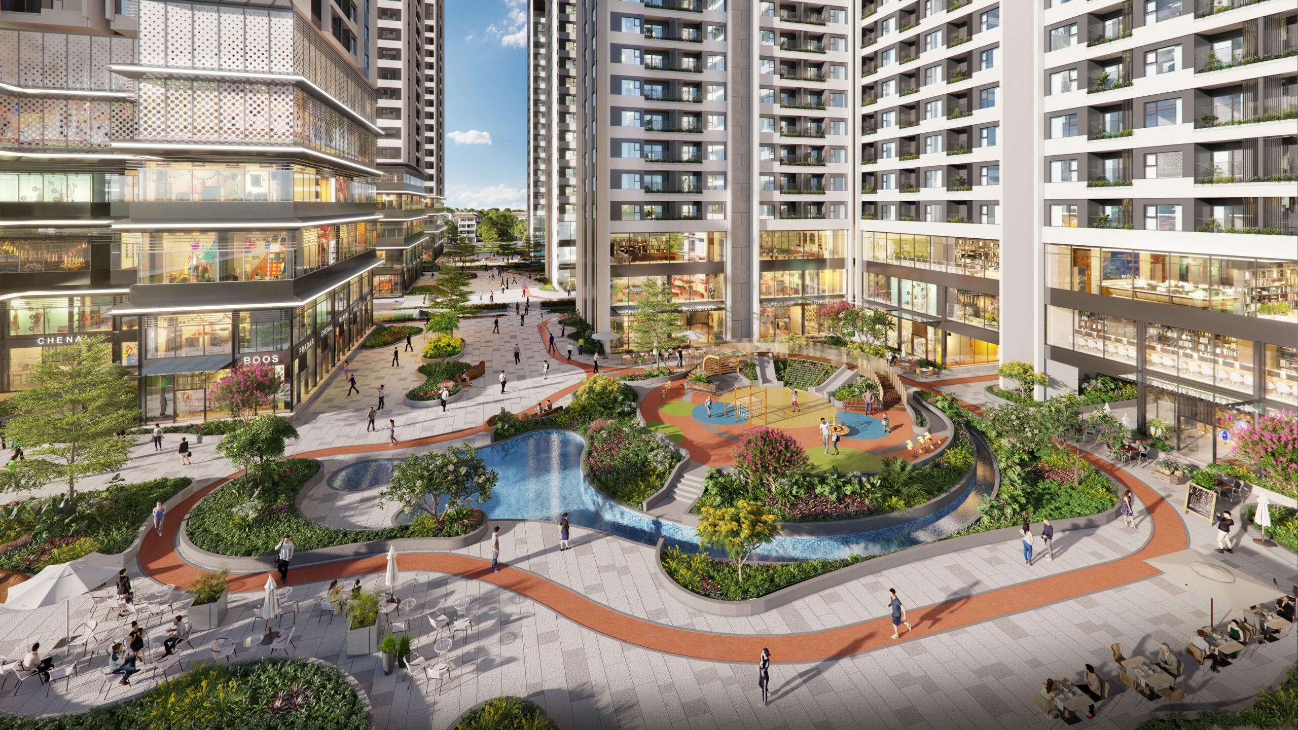 Bàn ăn ngoài trời với ghế gỗ và cây xanh
