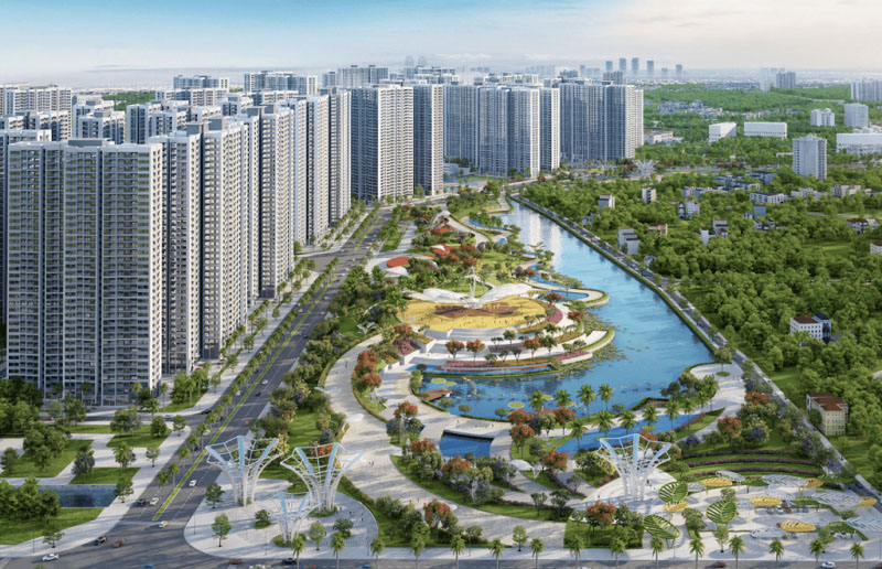 Phối cảnh chung cư hiện đại tại vùng ven thành phố với nhiều tòa nhà cao tầng và không gian xanh